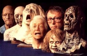 Dick Smith junto a varias máscaras